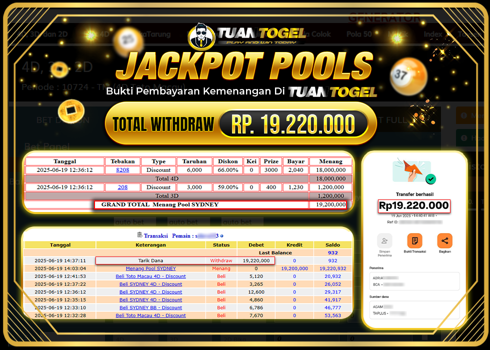 TUANTOGEL JACKPOT TOGEL SYDNEY Rp19.220.000 - LUNAS